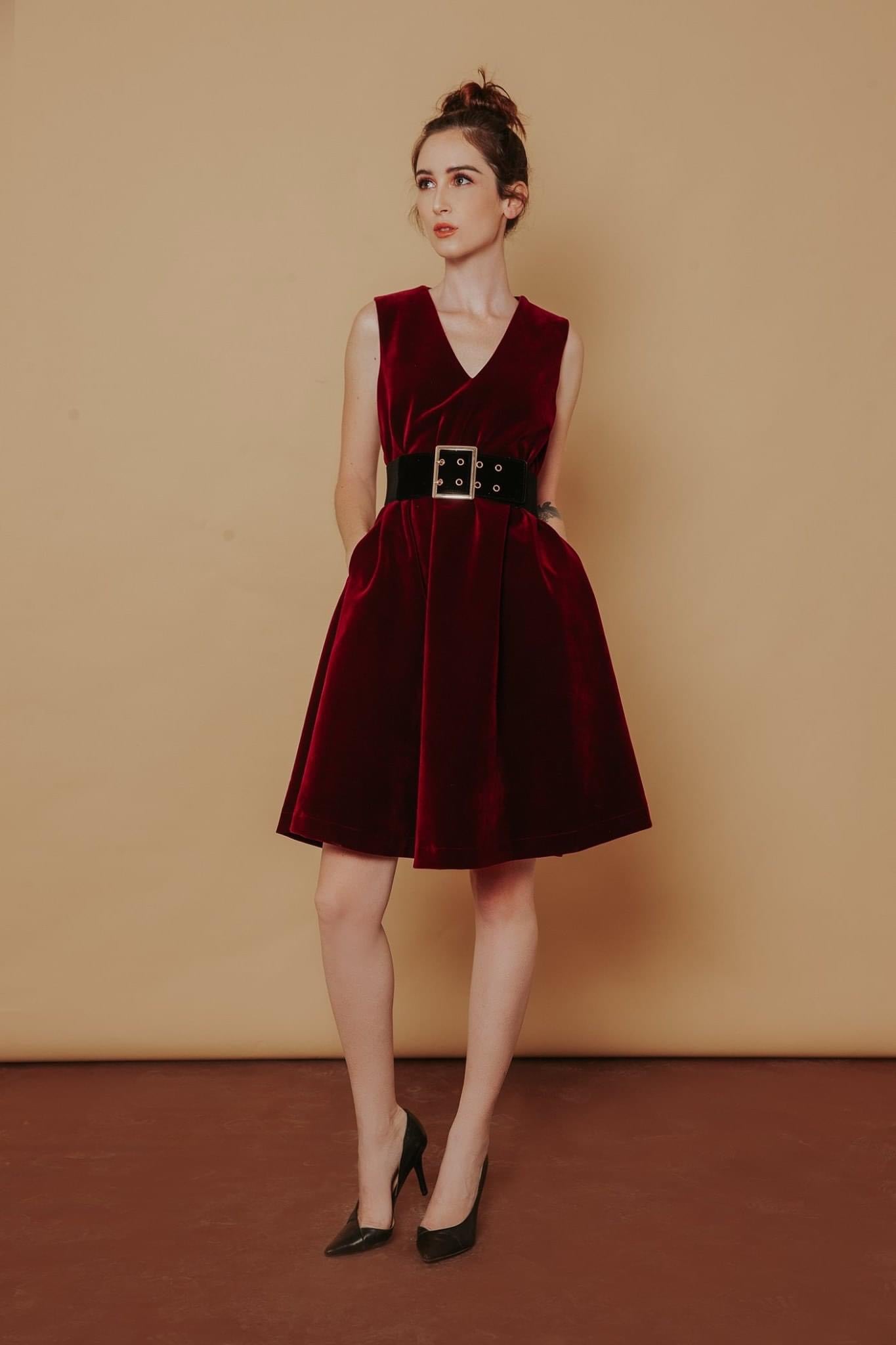 Cindy Dress - V Neck Velvet Dress.