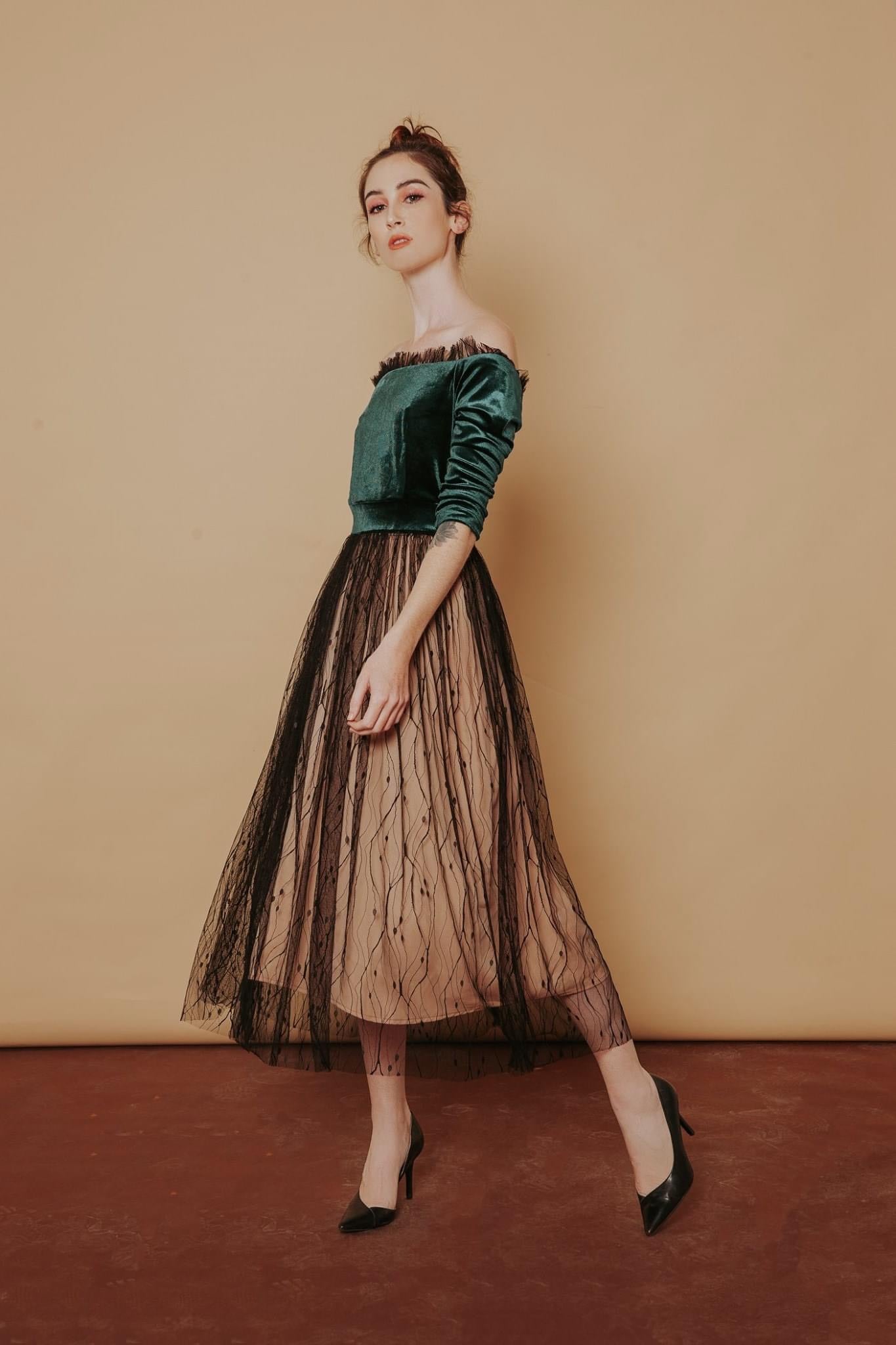 Judy Velvet Dress - Ruffled Hem Embroidered Tulle Dress