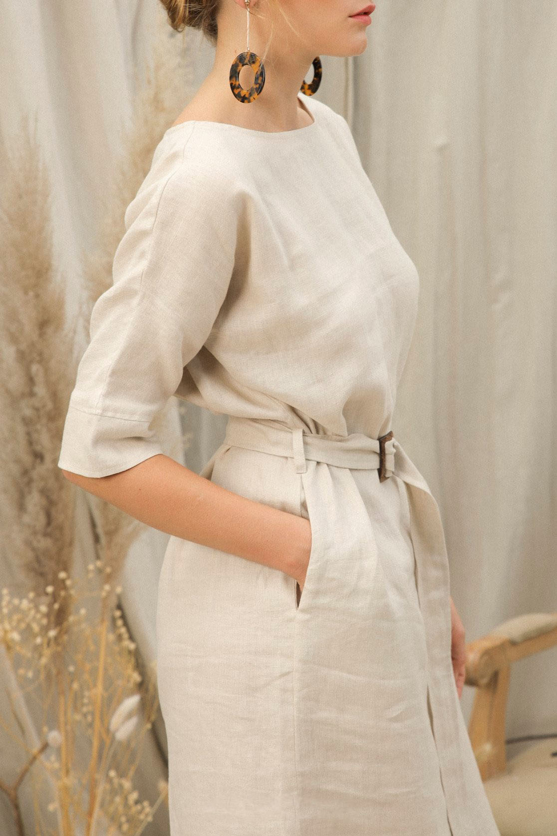 Aria Dress - Curved Hem Linen Belt Dress