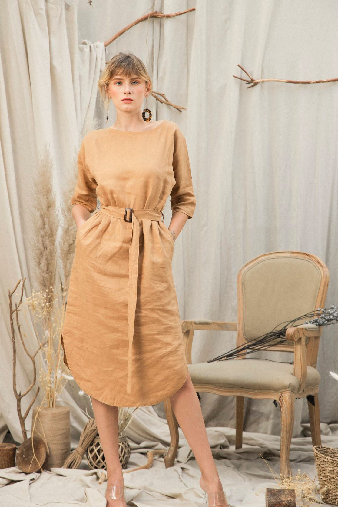 Aria Dress - Linen Long Sleeve Belt Dress