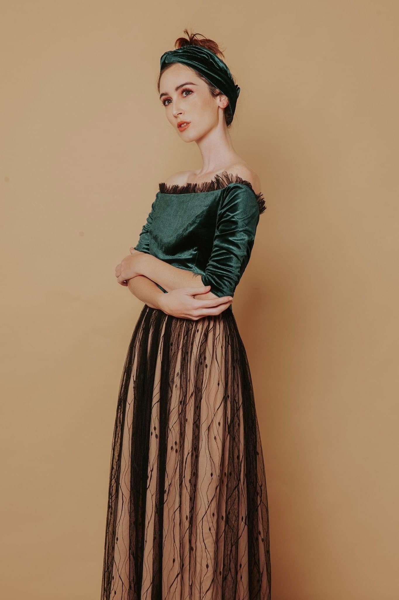 Judy Velvet Dress - Ruffled Hem Embroidered Tulle Dress
